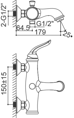 Medidas Grifo monomando para baño Borrás DXB1073C Medidas Grifo monomando para baño Borrás DXB1073C
