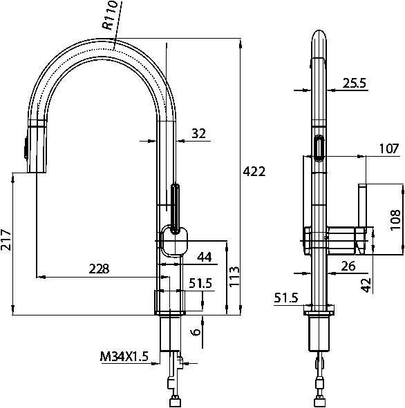 Esquema de medidas Grifo Monomando Cocina Extraíble IMEX Canadá Black Gun Metal