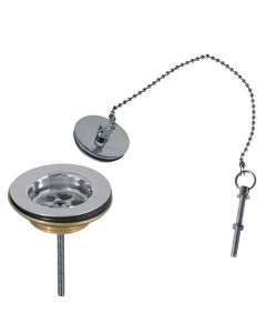 Cazoleta plana de desagüe con kit de enganche de cadenilla y tapón para lavabo, bidé y fregadero Tres Cromo