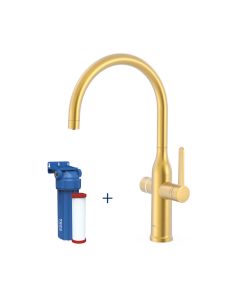 Grifo monomando de 2 vías para cocina, para agua de red y filtrada Tres Oro Mate 24K