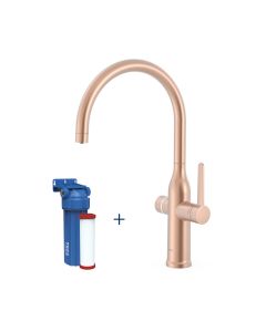 Grifo monomando de 2 vías para cocina, para agua de red y filtrada Tres Oro Rosa Mate 24K