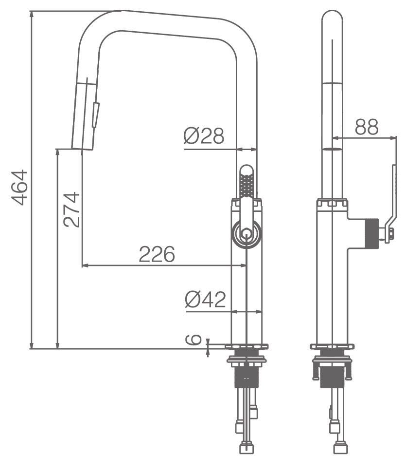 Esquema de medidas del grifo de cocina extraíble IMEX Niza GCE027