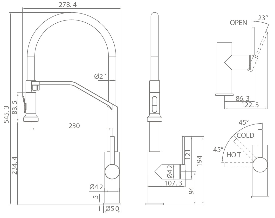 Esquema de medidas del grifo de cocina extraíble IMEX Véneto GCE029
