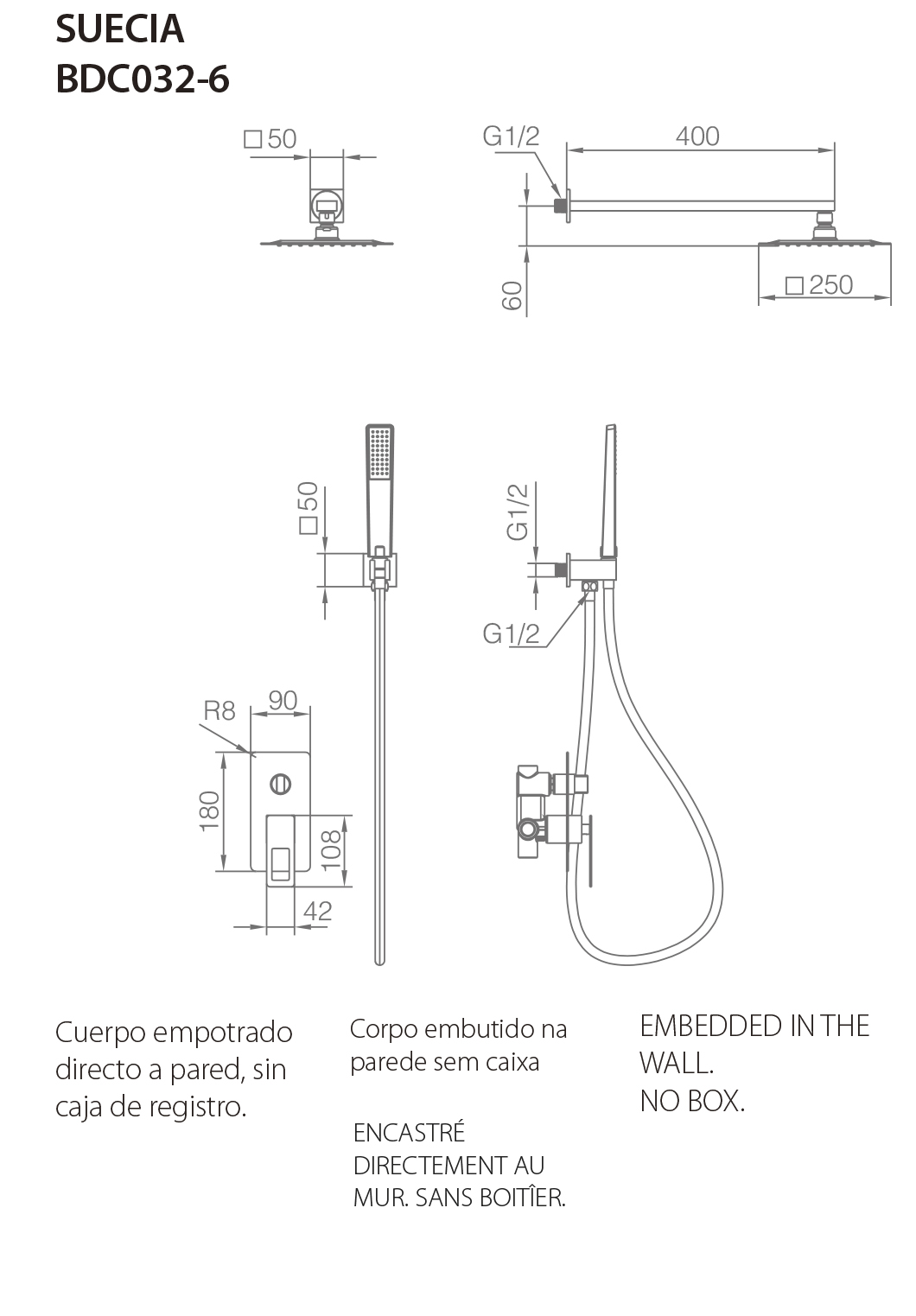 Esquema de medidas Conjunto Empotrado de Ducha IMEX Suecia Negro Mate 2 Vías