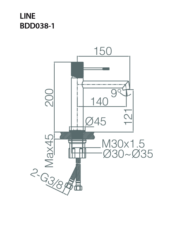 Esquema de medidas Grifo Monomando de Lavabo IMEX Serie LINE Oro Rosa Cepillado