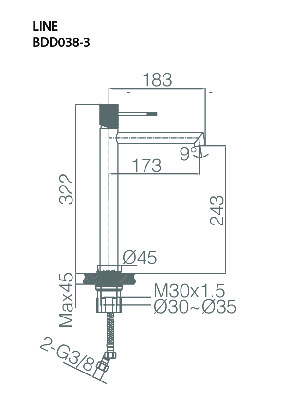 Esquema de medidas Grifo de Lavabo Alto IMEX Serie Line Black Gun Metal
