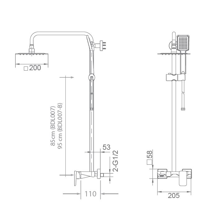Esquema de medidas Conjunto de bañera IMEX Liverpool monomando cromo con barra extensible
