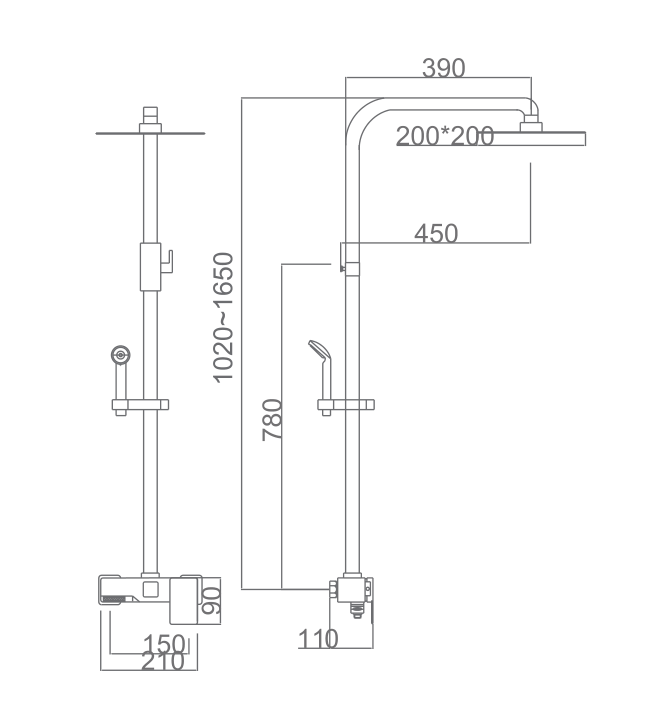 Esquema de medidas Conjunto de Ducha IMEX Saona Barra Extensible Cromo