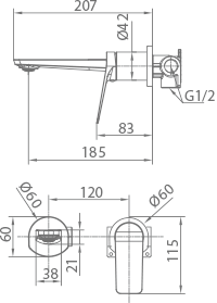 Esquema de medidas Grifo Empotrado Lavabo IMEX Napoles Oro Cepillado