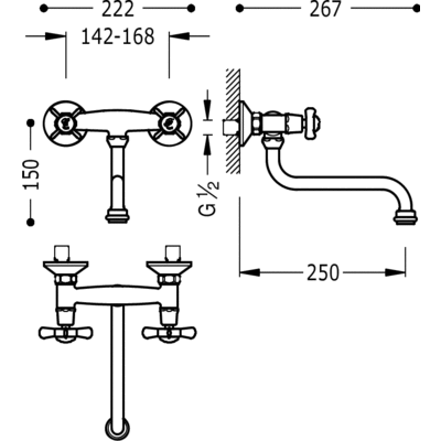 Grupo fregadero pared RETRO‑TRES Distancia a pared de 250 mm. - Tres 02431001