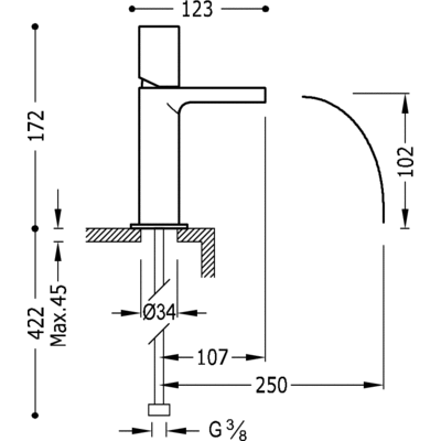 Grifo Monomando lavabo con caño cascada libre. - Tres 06111001