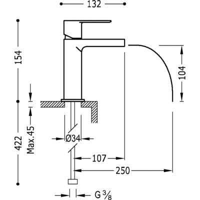 Grifo Monomando lavabo con caño cascada libre. - Tres 20011001