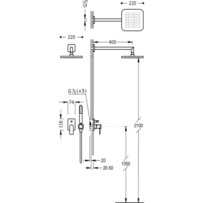 Kit de ducha monomando empotrado con cierre y regulación de caudal.
 - Tres 20018002VI