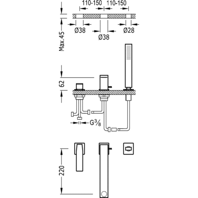 Grifo Monomando bañera de repisa - Tres 20216101