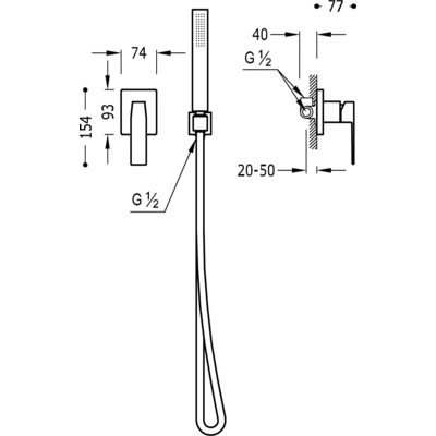 Kit de ducha monomando empotrado con cierre y regulación de caudal.
 - Tres 20217703