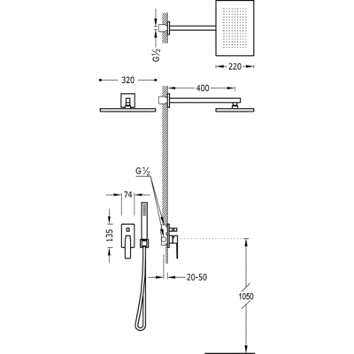 Kit de ducha monomando empotrado con cierre y regulación de caudal.
 - Tres 20218006