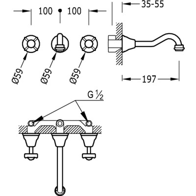 Batería lavabo mural  - Tres 52415101